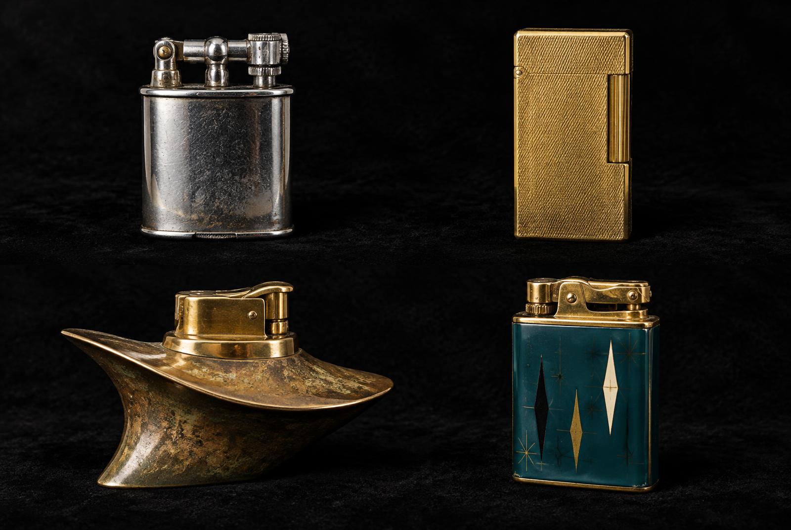 Four vintage lighters documented in studio light